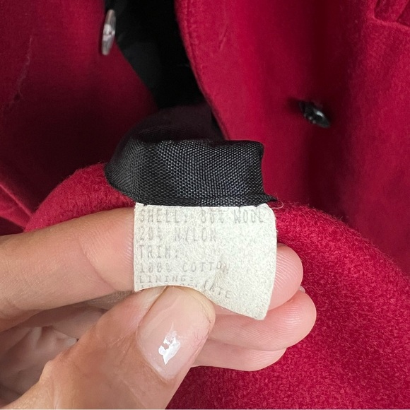 Vintage Jofeld Long Wool Coat Velvet Collar Pockets Red Black Large Old Money - Picture 14 of 16